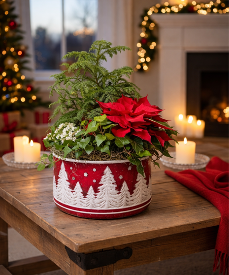 Fireside Evergreen Poinsettia Planter