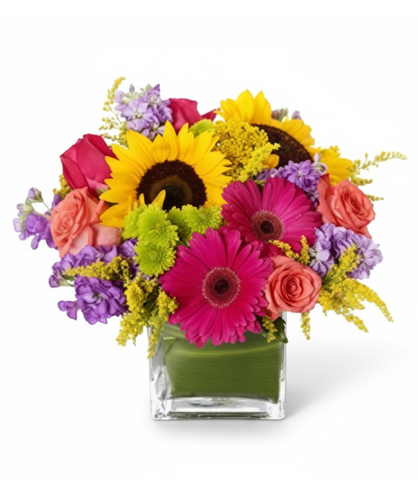 Bright and sunny sunflowers are arranged with coral roses and bright gerber daisies 